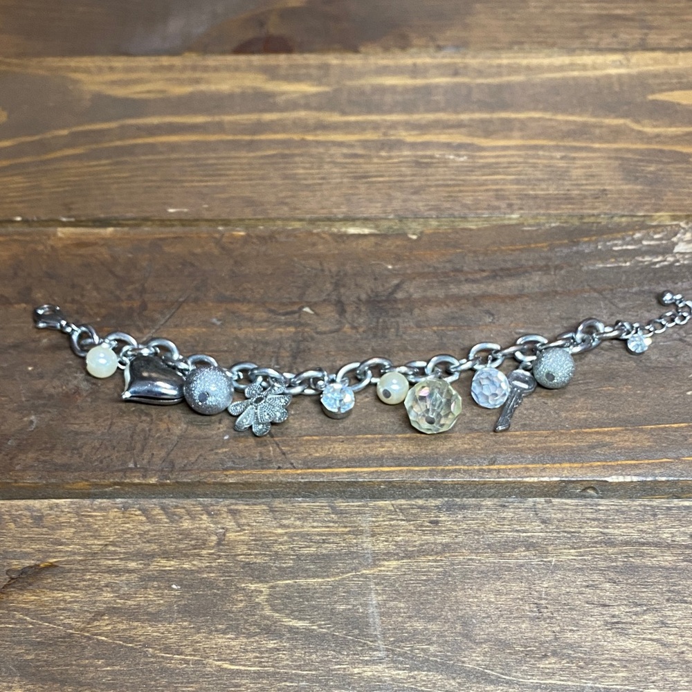 Silver Charm Bracelet with Heart, Key, Flower and More Beads - Picture 2 of 13